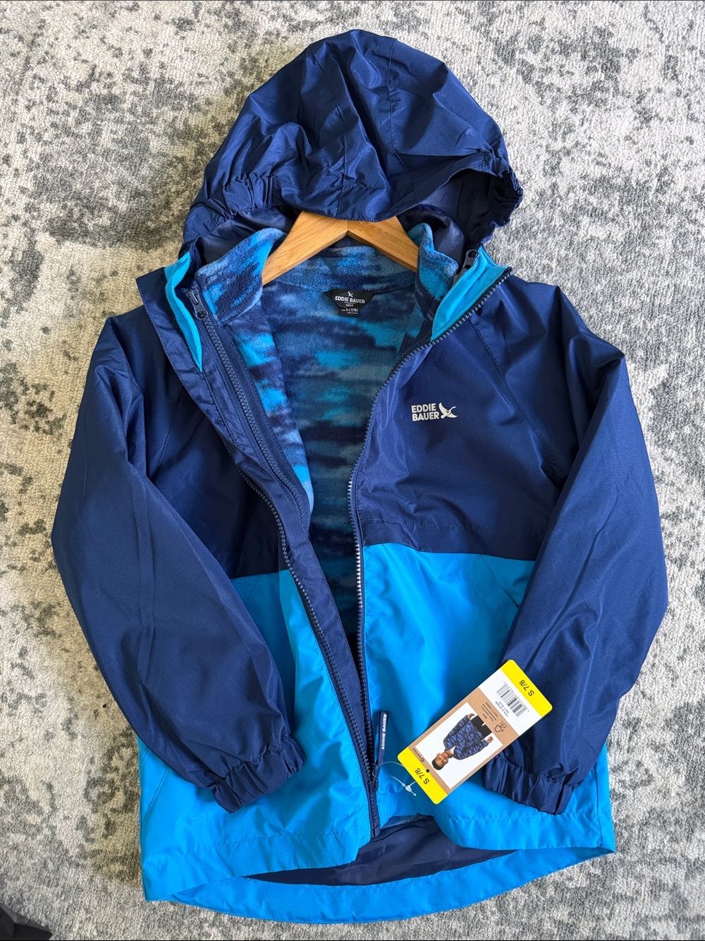 NWT Eddie Bauer 3in1 Navy Blue Kids' Waterproof Hooded Jacket small 7/8